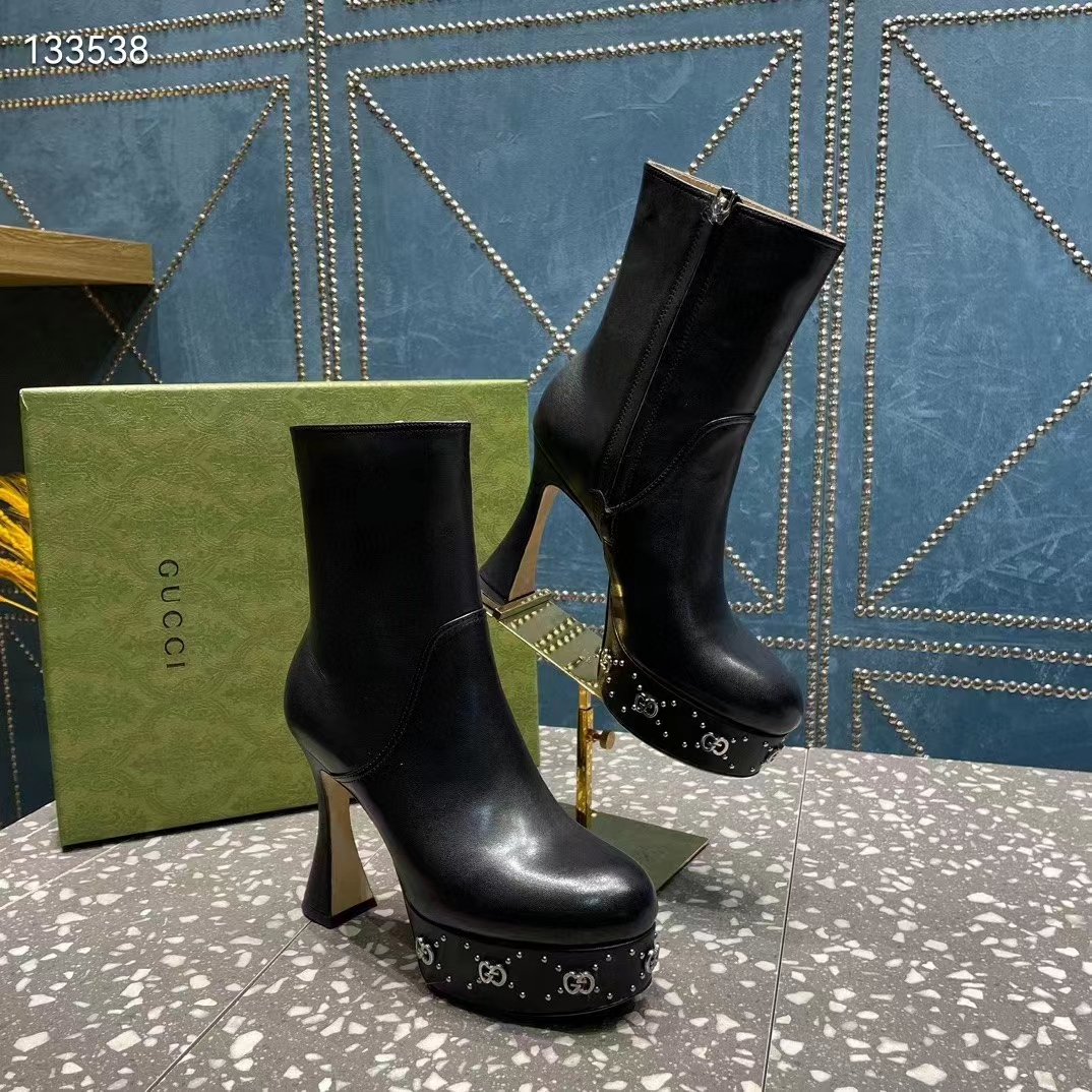 Gucci Women Platform GG Studs Black Leather Spool High 11.4 CM Heel
