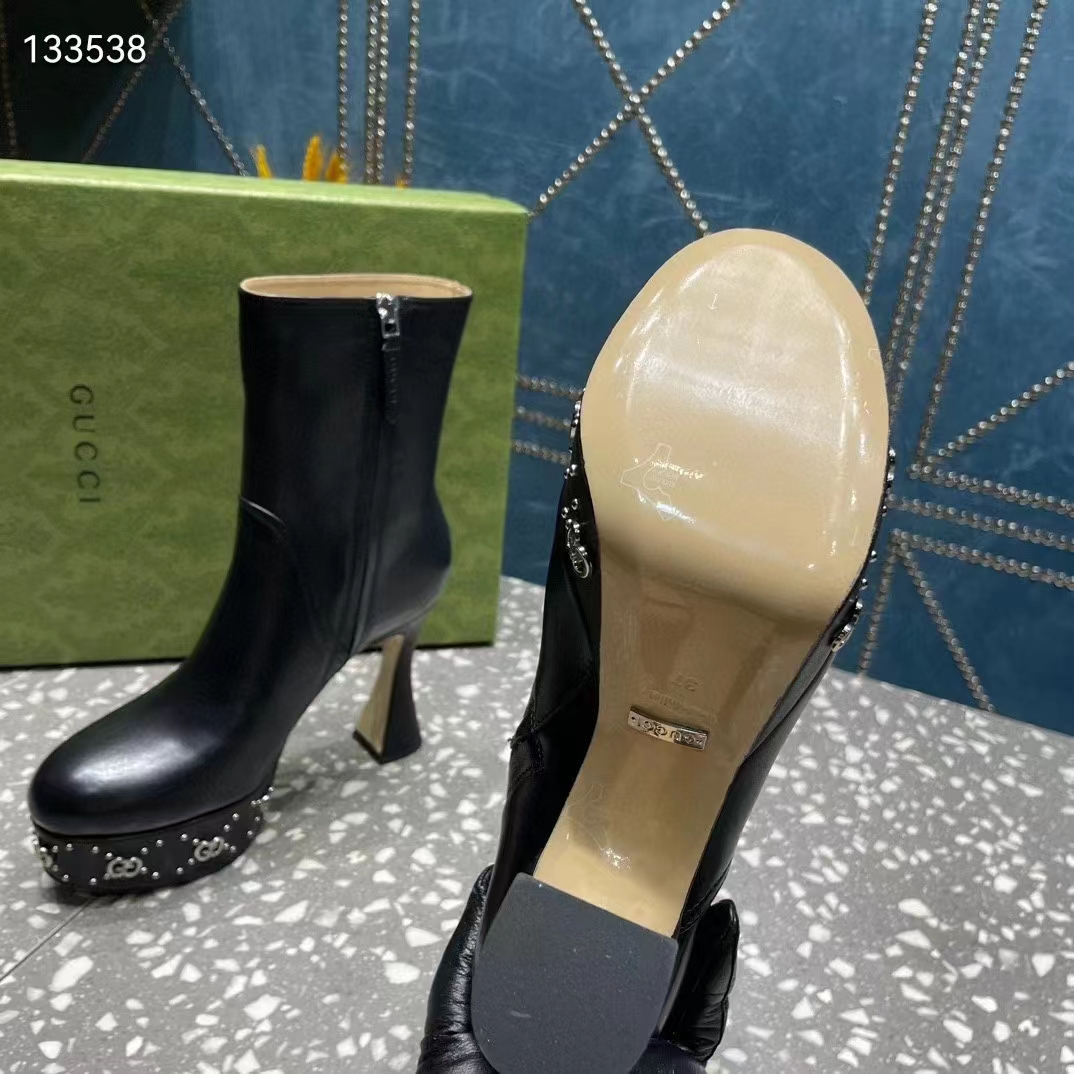 Gucci Women Platform GG Studs Black Leather Spool High 11.4 CM Heel