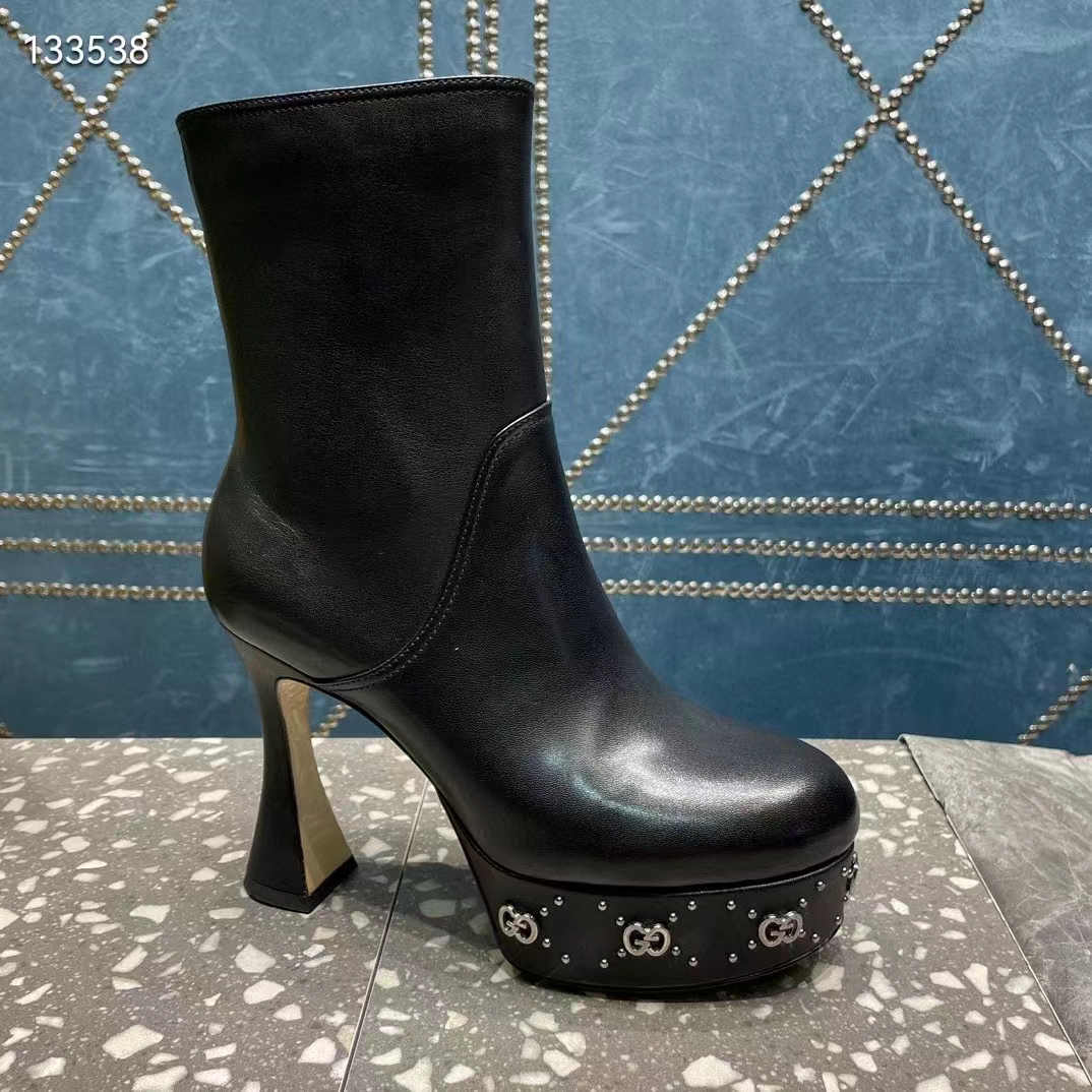Gucci Women Platform GG Studs Black Leather Spool High 11.4 CM Heel