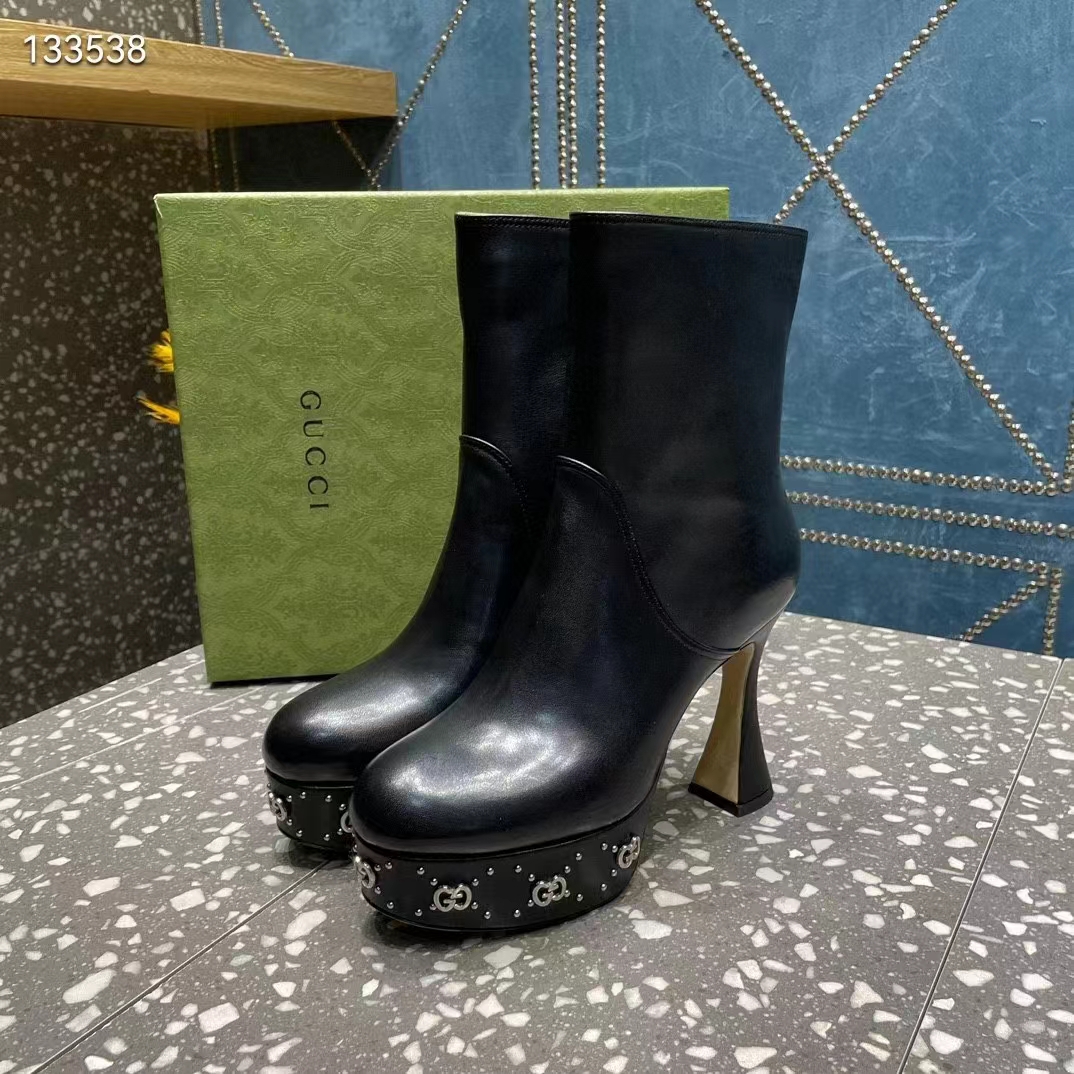 Gucci Women Platform GG Studs Black Leather Spool High 11.4 CM Heel