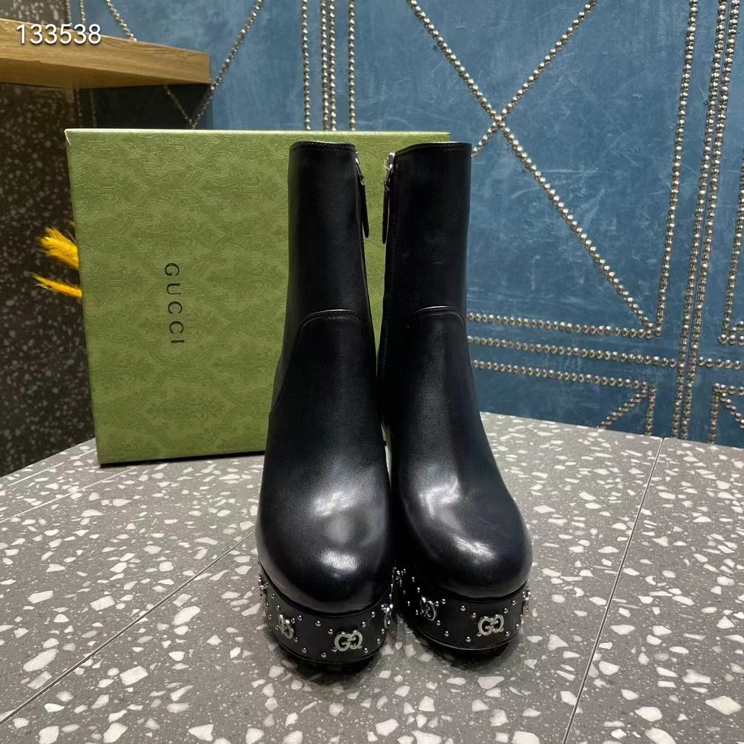 Gucci Women Platform GG Studs Black Leather Spool High 11.4 CM Heel