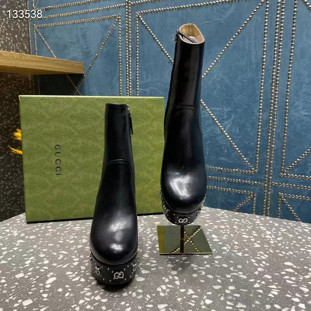 Gucci Women Platform GG Studs Black Leather Spool High 11.4 CM Heel