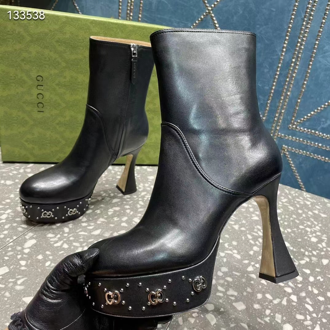 Gucci Women Platform GG Studs Black Leather Spool High 11.4 CM Heel