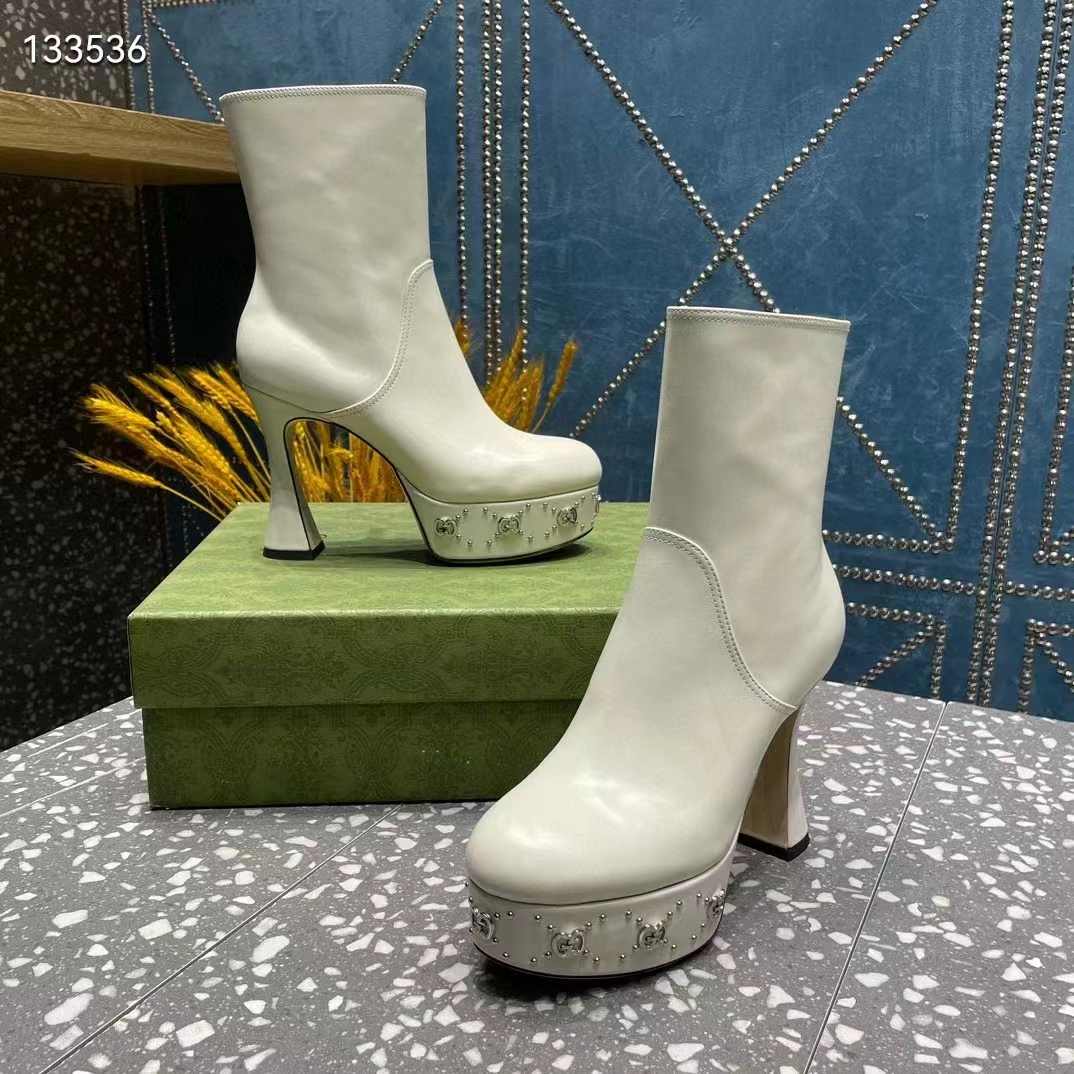 Gucci Women Platform GG Studs White Leather Spool High 11.4 CM Heel
