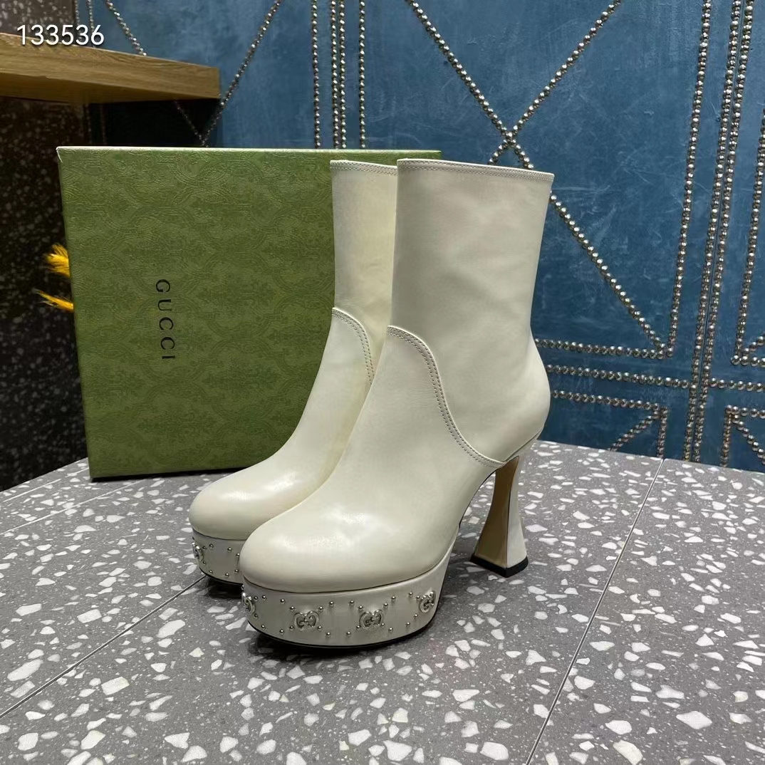 Gucci Women Platform GG Studs White Leather Spool High 11.4 CM Heel