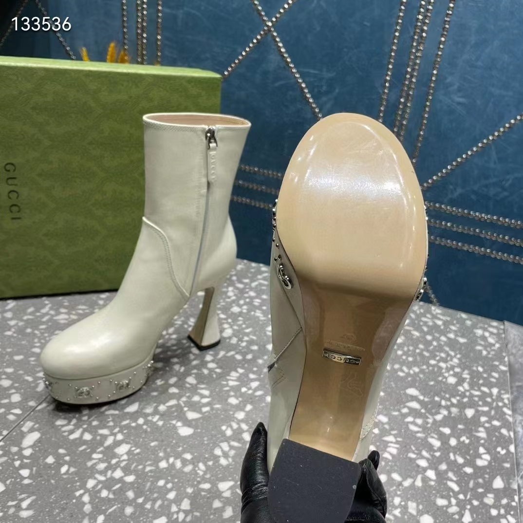 Gucci Women Platform GG Studs White Leather Spool High 11.4 CM Heel