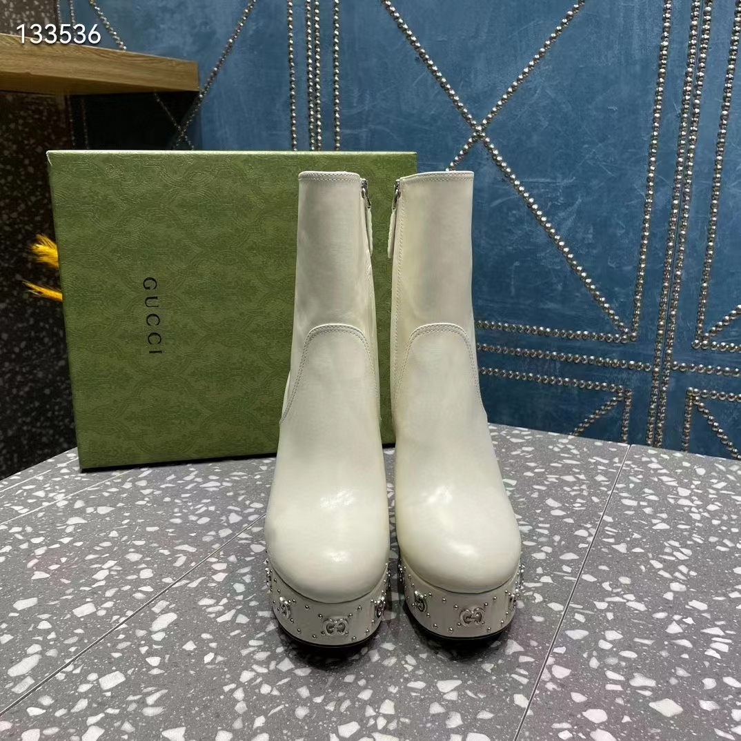 Gucci Women Platform GG Studs White Leather Spool High 11.4 CM Heel