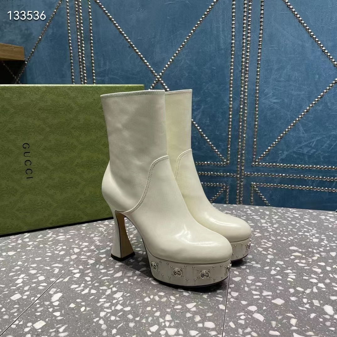 Gucci Women Platform GG Studs White Leather Spool High 11.4 CM Heel