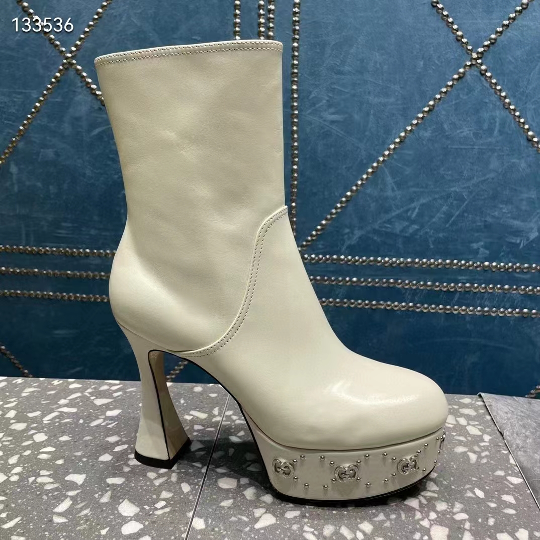 Gucci Women Platform GG Studs White Leather Spool High 11.4 CM Heel