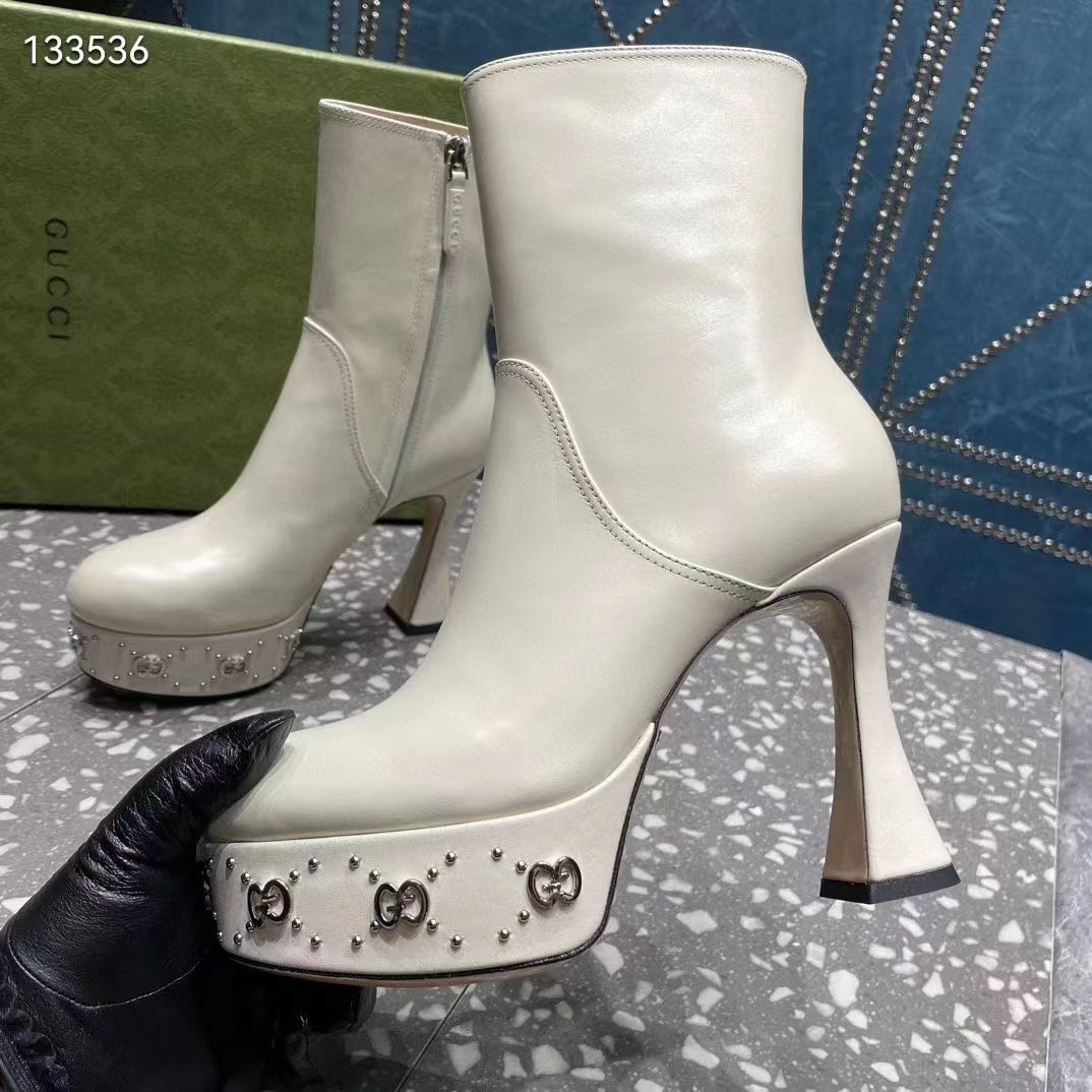 Gucci Women Platform GG Studs White Leather Spool High 11.4 CM Heel