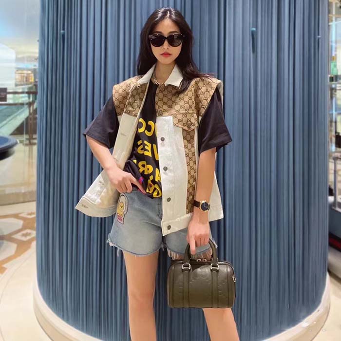 Gucci Women Washed Organic Denim Vest GG Light Blue Stone Bleached Point Collar Sleeveless