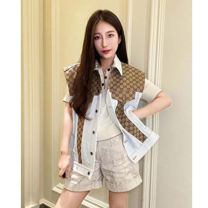Gucci Women Washed Organic Denim Vest GG Light Blue Stone Bleached Point Collar Sleeveless