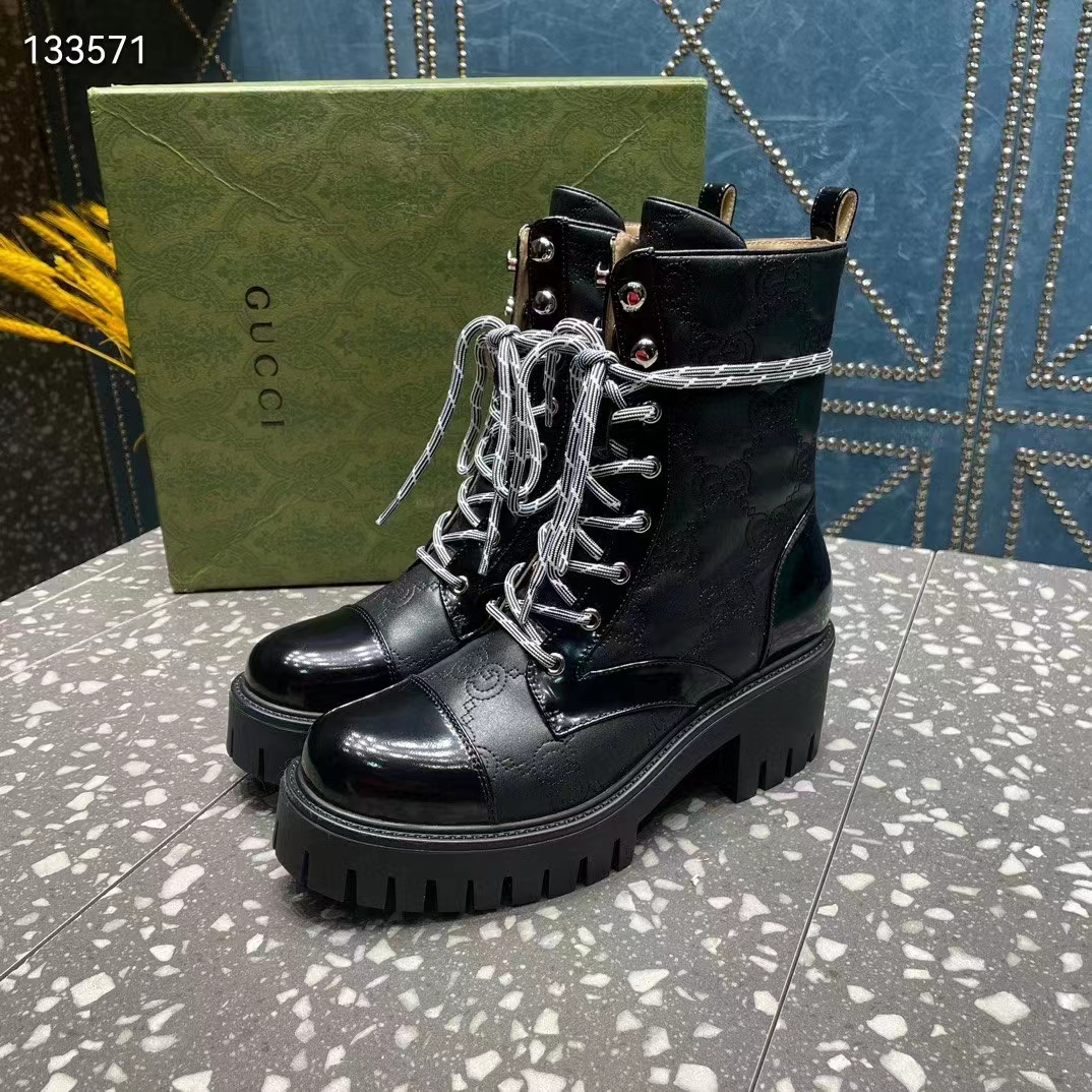 Gucci Women’s Matelassé Lace-Up Boot Black GG Matelassé Leather Low-Heel