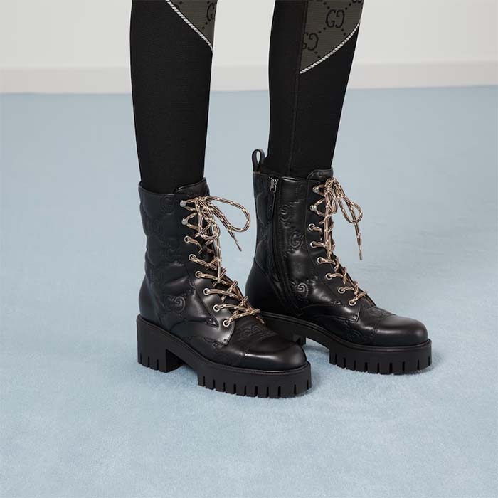 Gucci Women’s Matelassé Lace-Up Boot Black GG Matelassé Leather Low-Heel