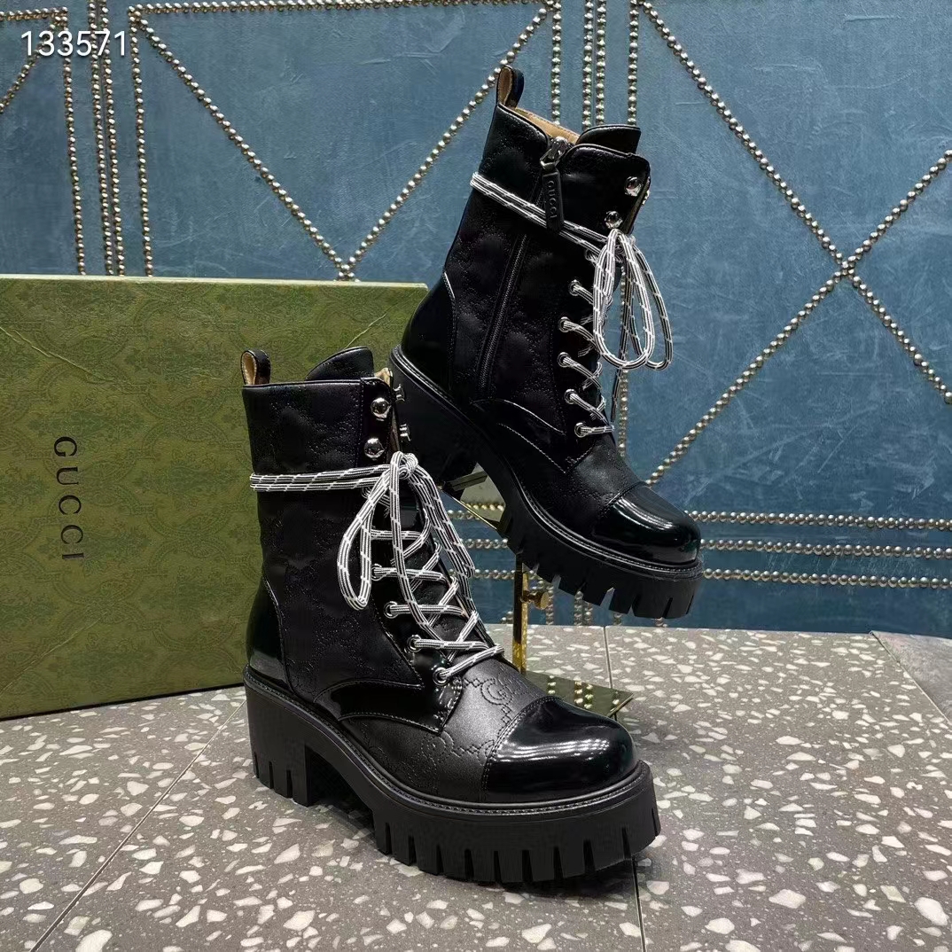 Gucci Women’s Matelassé Lace-Up Boot Black GG Matelassé Leather Low-Heel