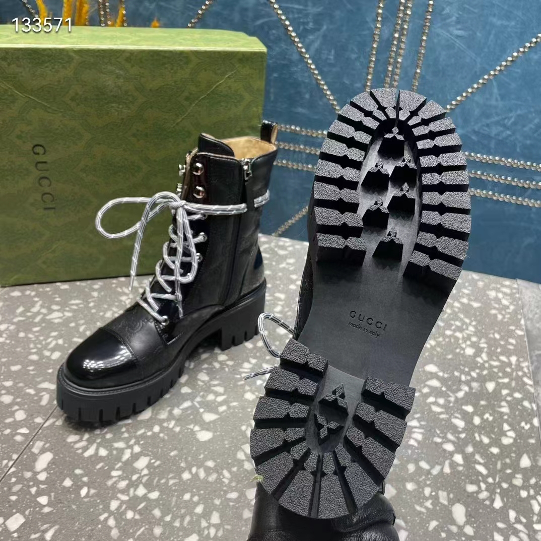 Gucci Women’s Matelassé Lace-Up Boot Black GG Matelassé Leather Low-Heel