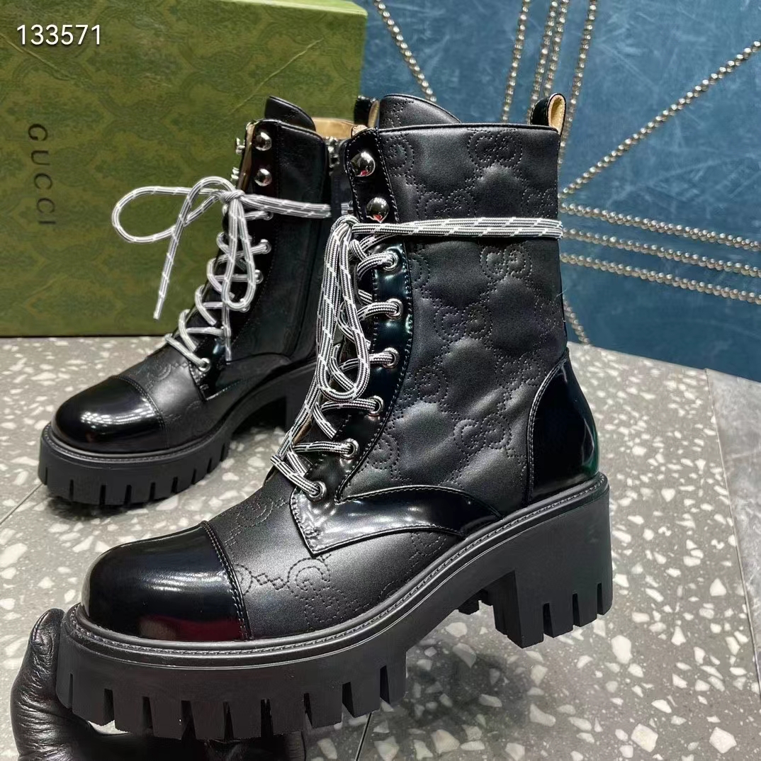 Gucci Women’s Matelassé Lace-Up Boot Black GG Matelassé Leather Low-Heel