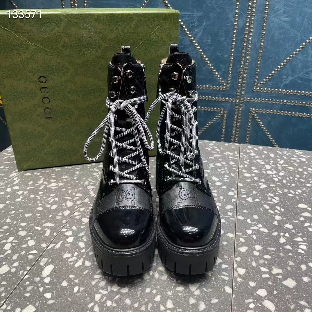 Gucci Women’s Matelassé Lace-Up Boot Black GG Matelassé Leather Low-Heel