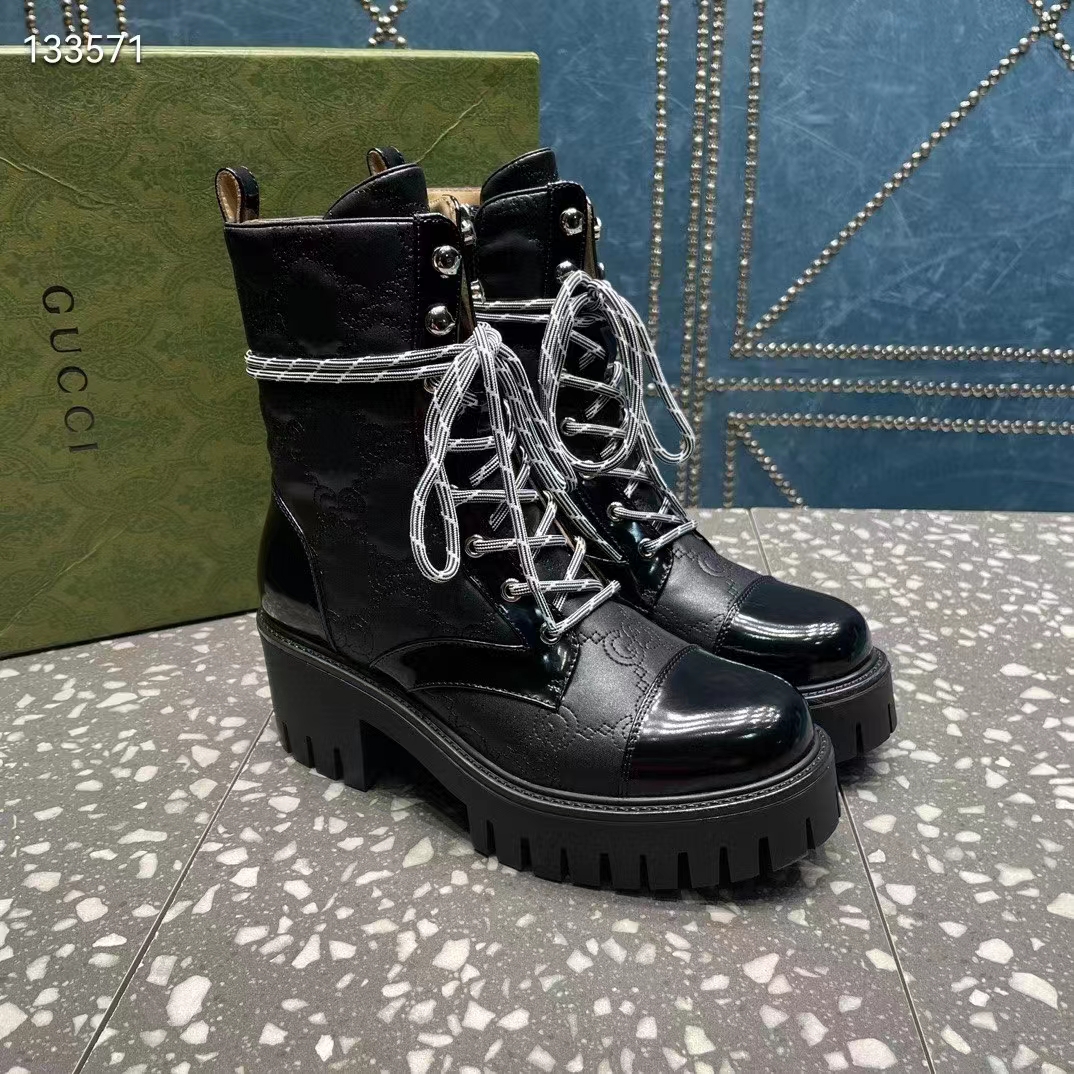Gucci Women’s Matelassé Lace-Up Boot Black GG Matelassé Leather Low-Heel