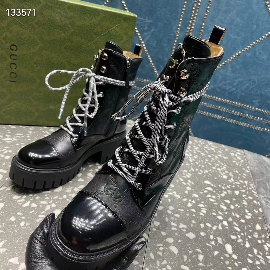 Gucci Women’s Matelassé Lace-Up Boot Black GG Matelassé Leather Low-Heel