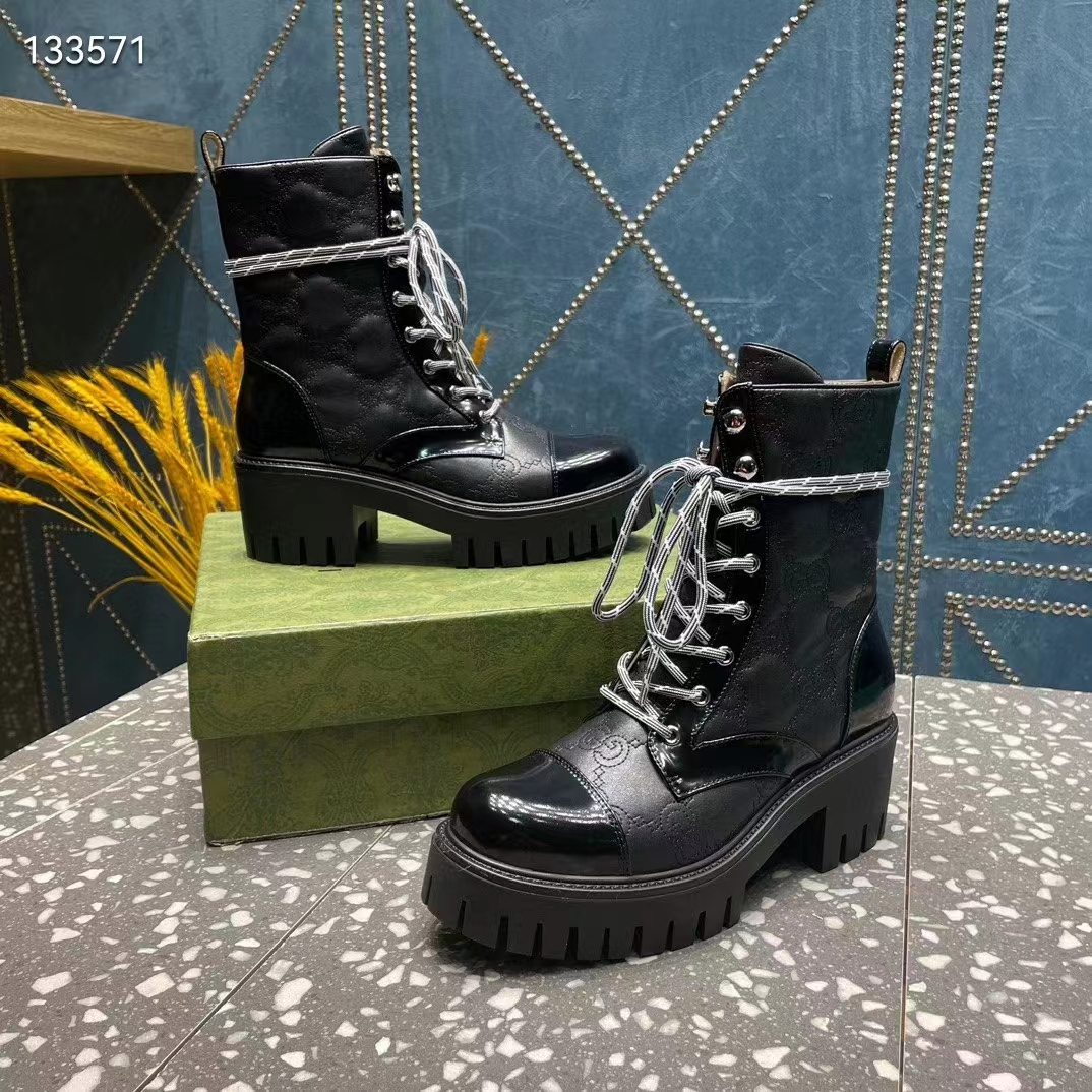 Gucci Women’s Matelassé Lace-Up Boot Black GG Matelassé Leather Low-Heel