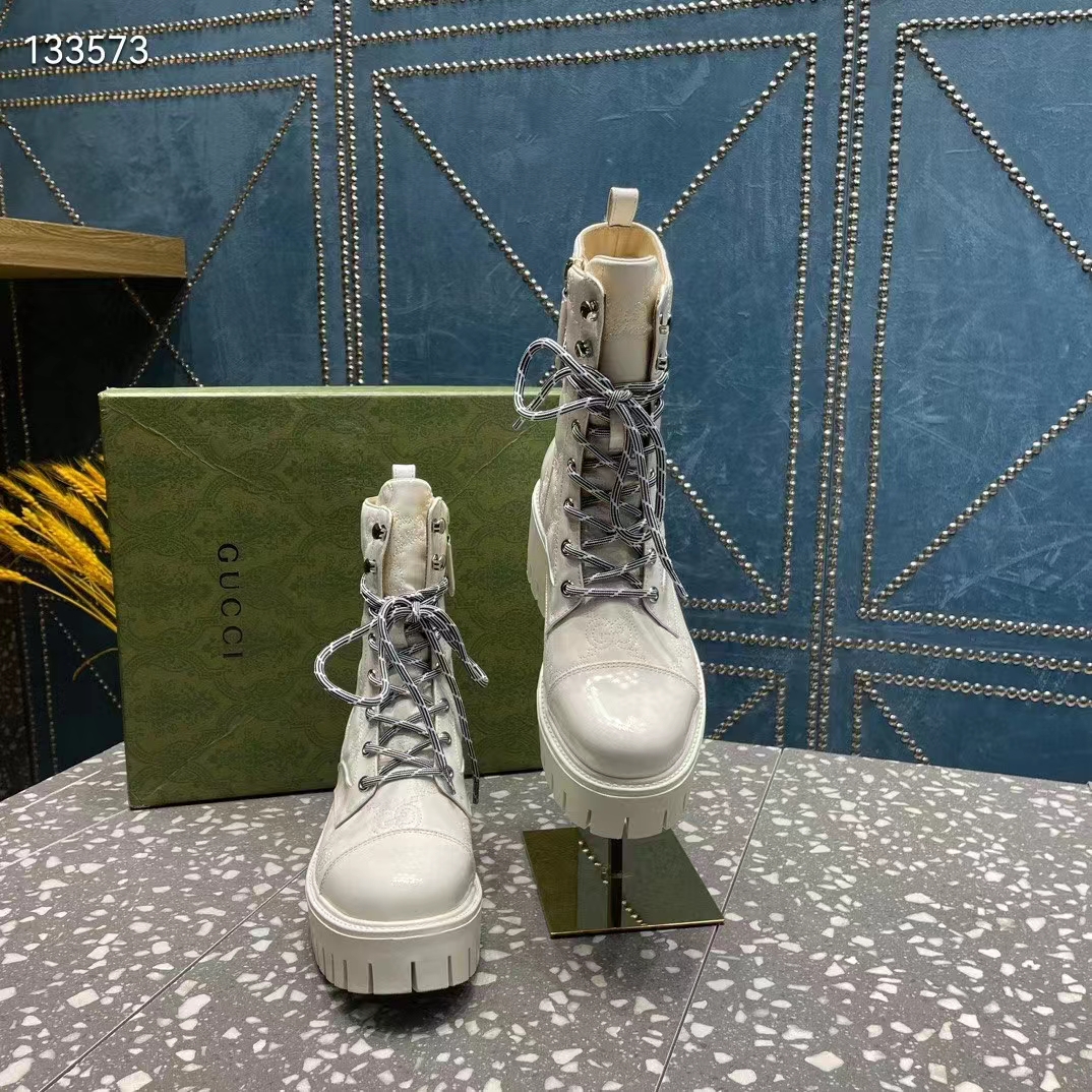 Gucci Women’s Matelassé Lace-Up Boot Off White GG Matelassé Leather Low-Heel