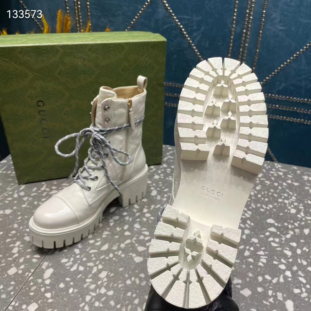 Gucci Women’s Matelassé Lace-Up Boot Off White GG Matelassé Leather Low-Heel