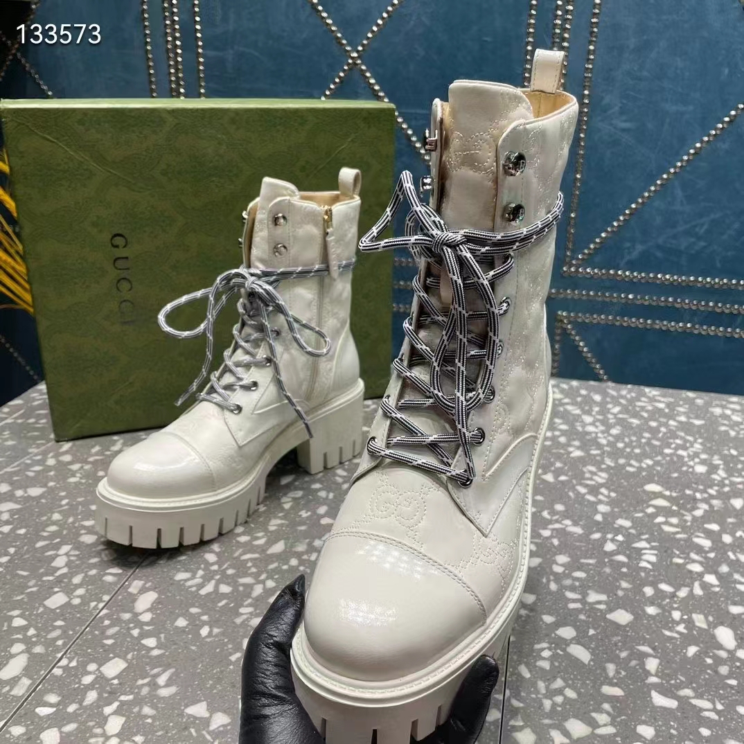 Gucci Women’s Matelassé Lace-Up Boot Off White GG Matelassé Leather Low-Heel