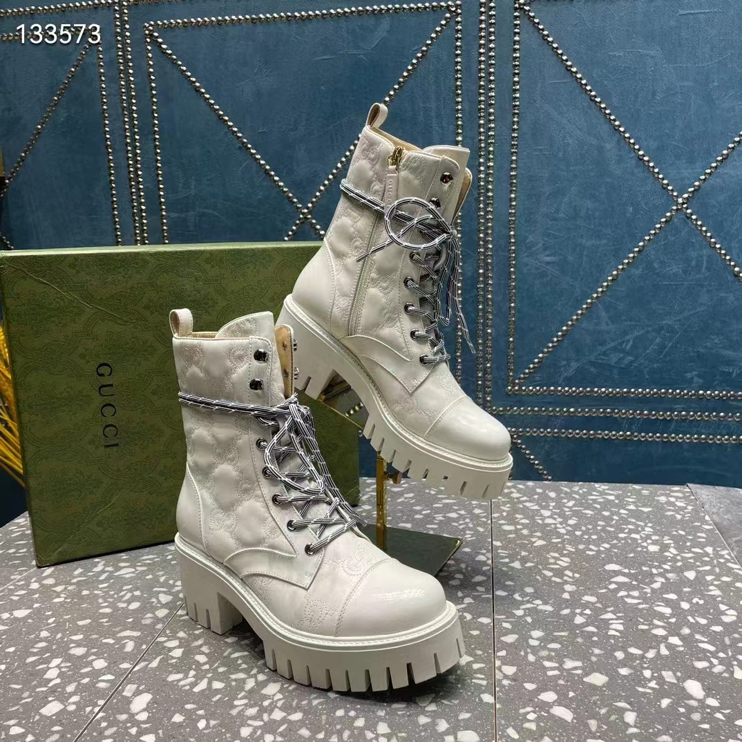 Gucci Women’s Matelassé Lace-Up Boot Off White GG Matelassé Leather Low-Heel