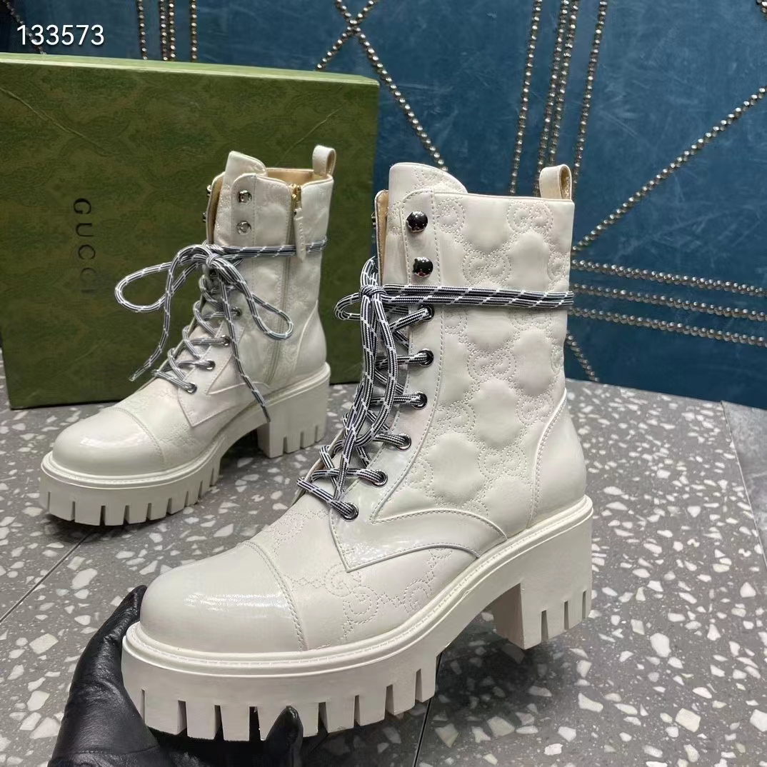Gucci Women’s Matelassé Lace-Up Boot Off White GG Matelassé Leather Low-Heel