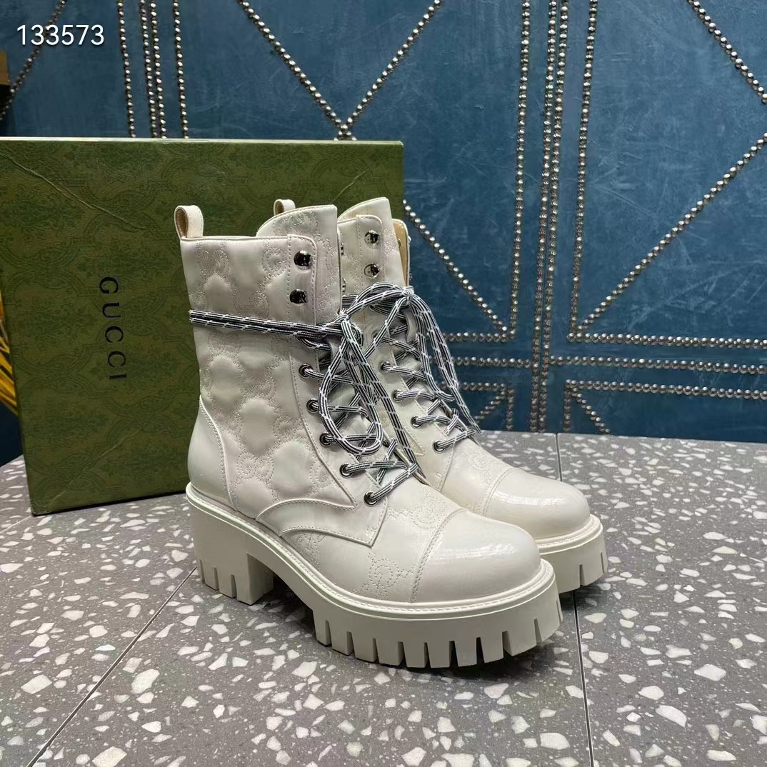 Gucci Women’s Matelassé Lace-Up Boot Off White GG Matelassé Leather Low-Heel