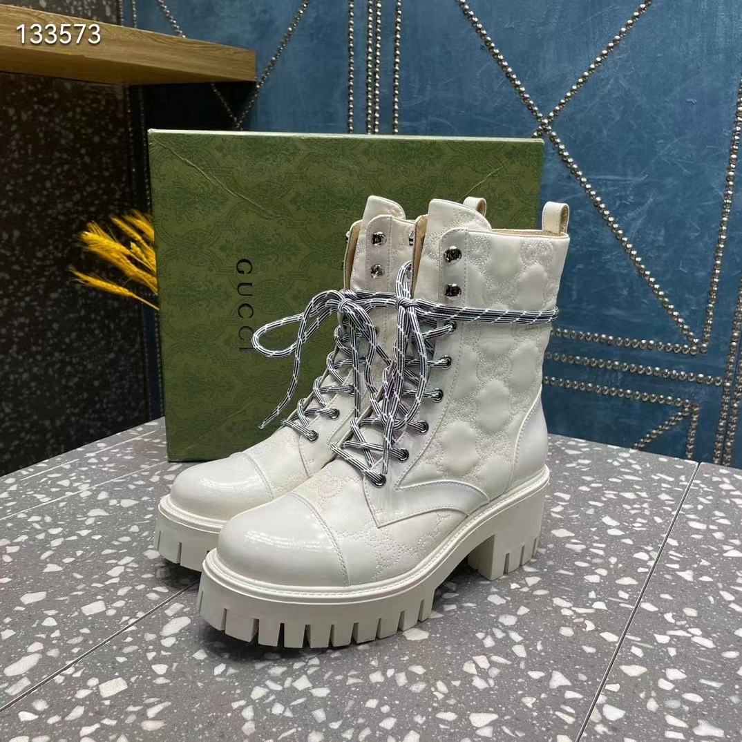 Gucci Women’s Matelassé Lace-Up Boot Off White GG Matelassé Leather Low-Heel