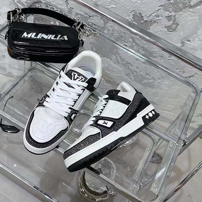 Louis Vuitton LV Unisex LV Trainer Sneaker Black Swarovski™ Crystals Grained Calf Leather
