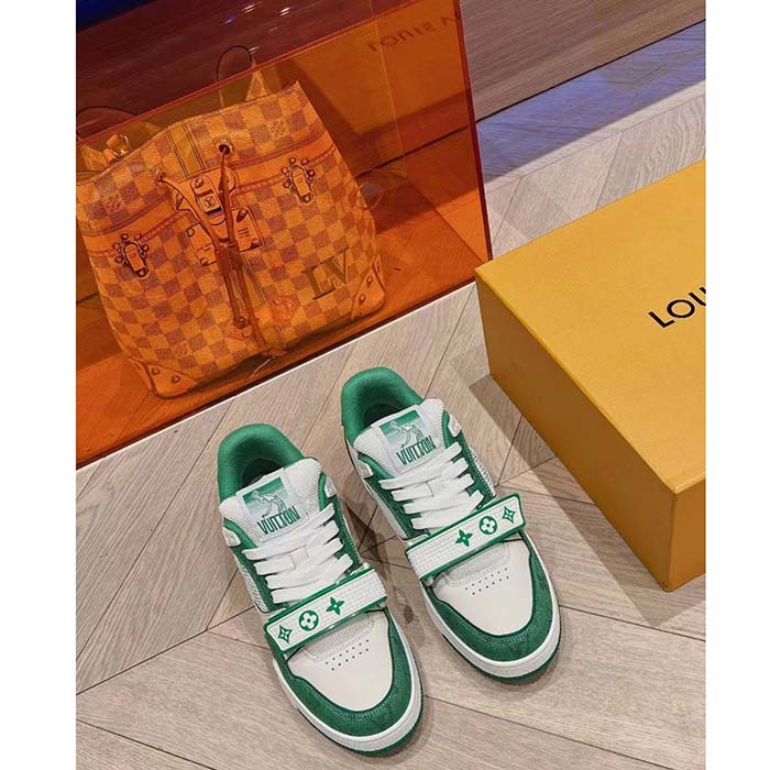 Louis Vuitton LV Unisex LV Trainer Sneaker Green Monogram Denim Rubber Outsole