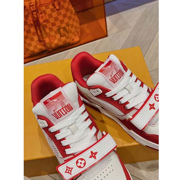 Louis Vuitton LV Unisex LV Trainer Sneaker Red Monogram Denim Rubber Outsole