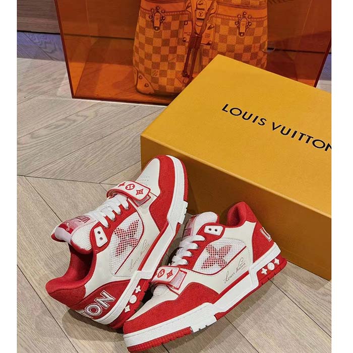 Louis Vuitton LV Unisex LV Trainer Sneaker Red Monogram Denim Rubber Outsole