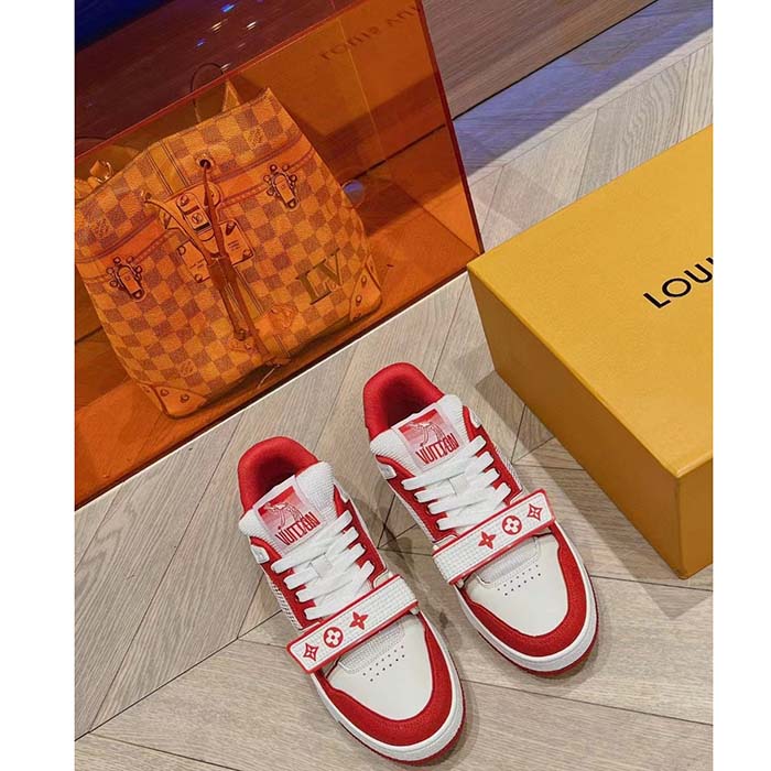Louis Vuitton LV Unisex LV Trainer Sneaker Red Monogram Denim Rubber Outsole