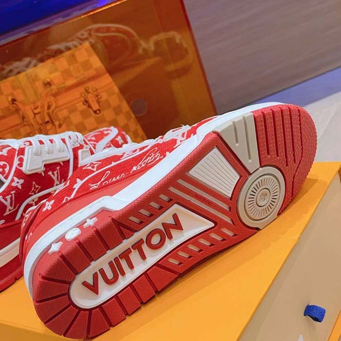 Louis Vuitton LV Unisex LV Trainer Sneaker Red Monogram Textile Rubber Outsole
