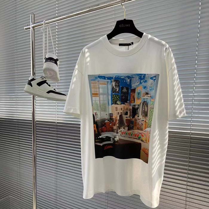 Louis Vuitton Women Printed Cotton T-Shirt Show Fit Ribbed Collar Milky White