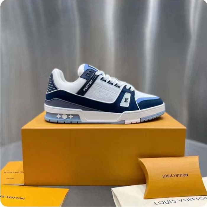 Louis Vuitton Unisex LV Trainer Sneaker Blue Nubuck Calf Leather Grained Monogram Flowers