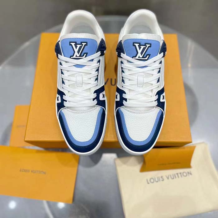 Louis Vuitton Unisex LV Trainer Sneaker Blue Nubuck Calf Leather Grained Monogram Flowers