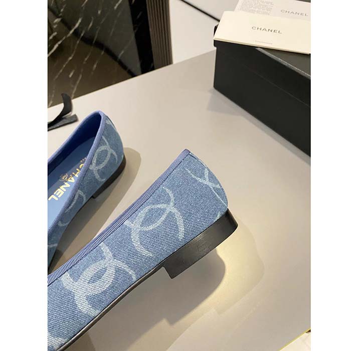 Chanel Women CC Ballet Flats Printed Denim Light Blue White