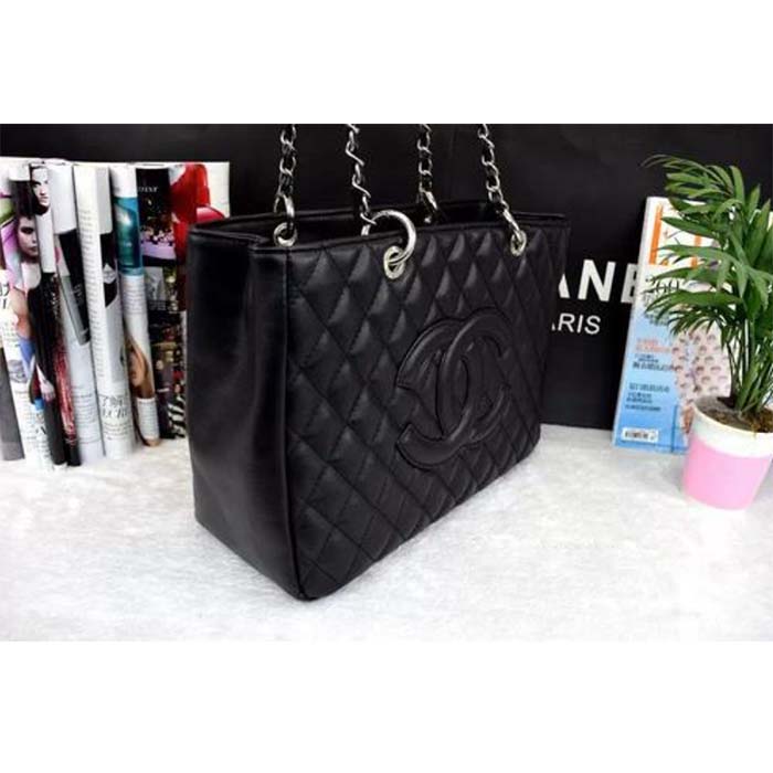 Chanel Women CC Shopping Bag Black Calfskin Leather Silver-Tone Metal