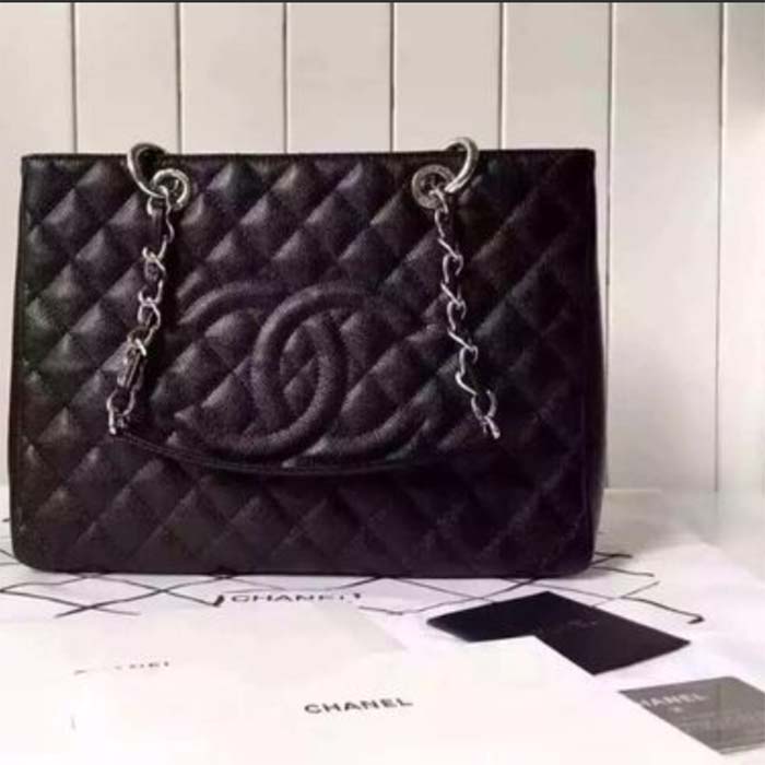 Chanel Women CC Shopping Bag Black Calfskin Leather Silver-Tone Metal