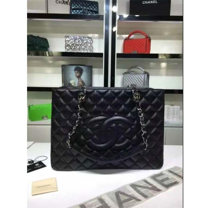 Chanel Women CC Shopping Bag Black Calfskin Leather Silver-Tone Metal
