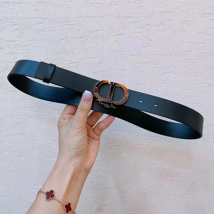 Dior Unisex CD 30 Montaigne Belt Black Smooth Calfskin Leather Brown Tortoiseshell-Effect Resin