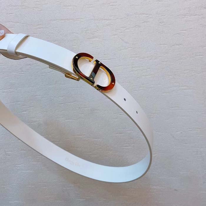 Dior Unisex CD 30 Montaigne Belt White Smooth Calfskin Leather Brown Tortoiseshell-Effect Resin