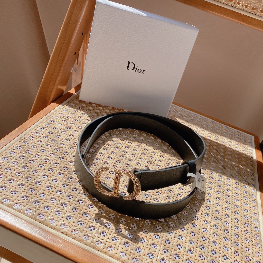 Dior Unisex CD 30 Montaigne Crystals Belt Black Smooth Calfskin Silver-Tone 27 MM Width
