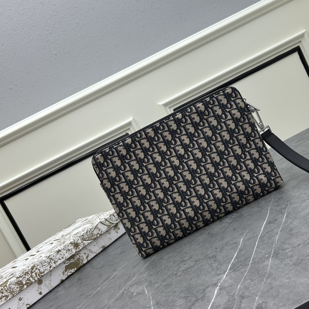 Dior Unisex CD A5 Pouch Beige Black Dior Oblique Jacquard