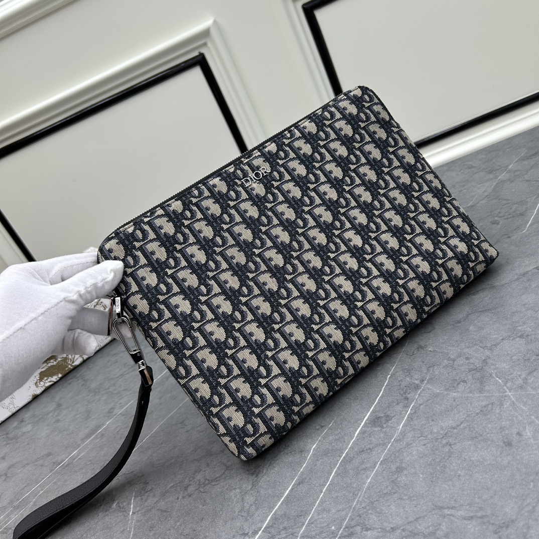 Dior Unisex CD A5 Pouch Beige Black Dior Oblique Jacquard